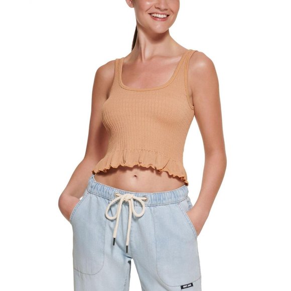Dkny Tops - NWT Dkny Jeans Women's Cropped Ruffled-Hem Tank Top E22HAB35 XS Doe Brown